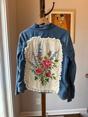Denim Jacket with Floral Cross Stitch Back Panel